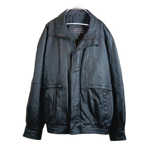 David Taylor Leather Bomber Jacket Mens XLT Black 90s Y2K Quilted Winter Coat